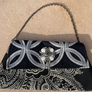 Hand Sewn Black Purse Clutch Handbag Pearl Pendant